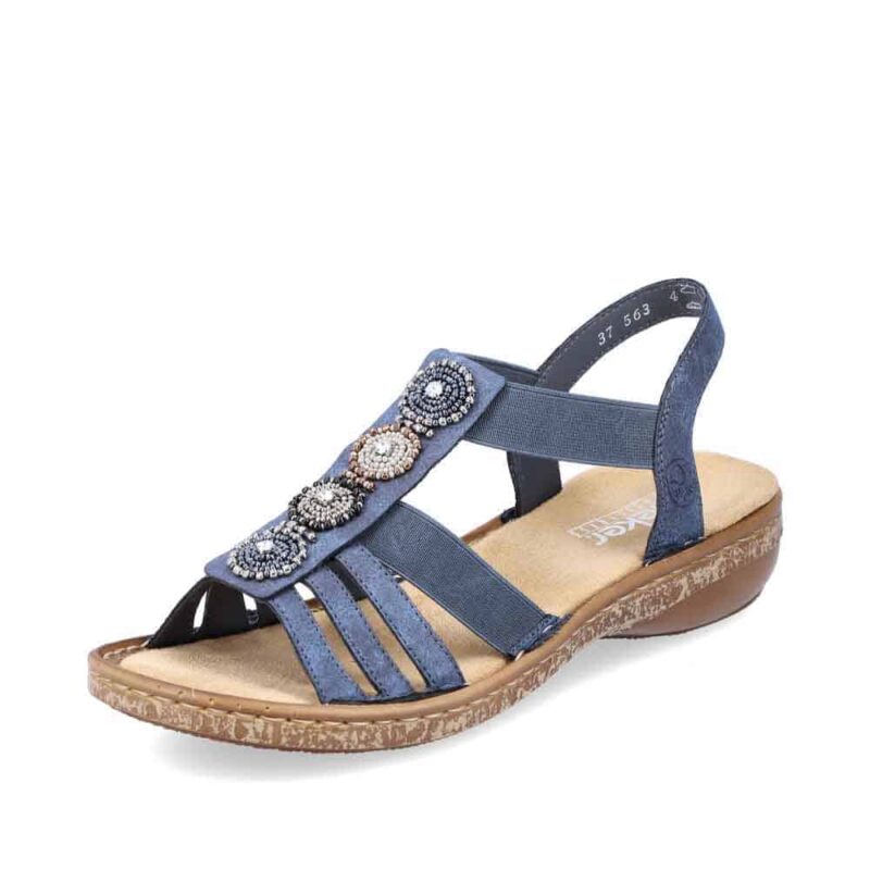 Rieker sandal til dame i blå. Modellen har en flot blå farve og elegante perle detaljer