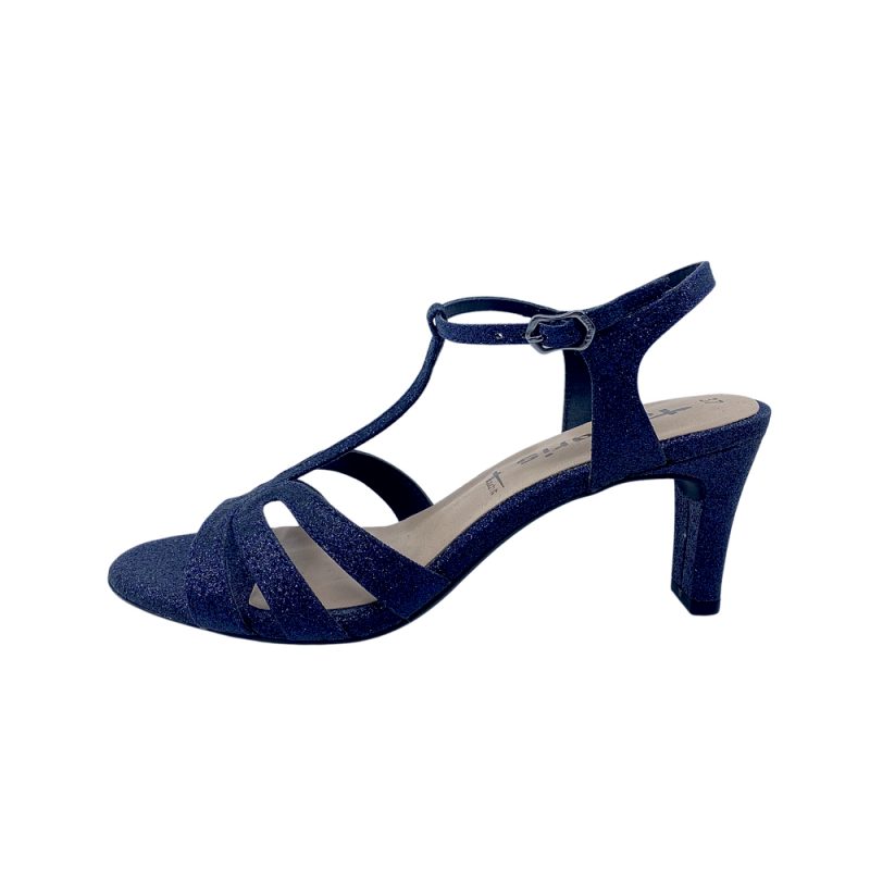 Tamaris sandal i blå med glimmer og høj hæl