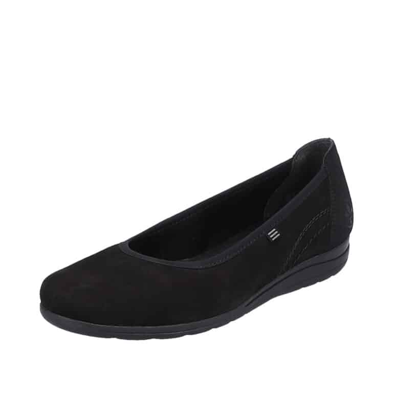 Rieker ballerina i sort til dame. Model: L9350-00. Dejlig blød og let kvalitet, lige til at hoppe i.