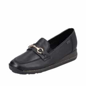 rieker loafers i sort til dame. Model: 44285-00. Guldspænde og dejlig blød skind kvalitet.