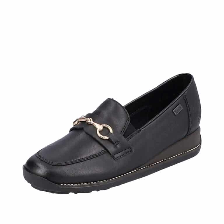 rieker loafers i sort til dame. Model: 44285-00. Guldspænde og dejlig blød skind kvalitet.