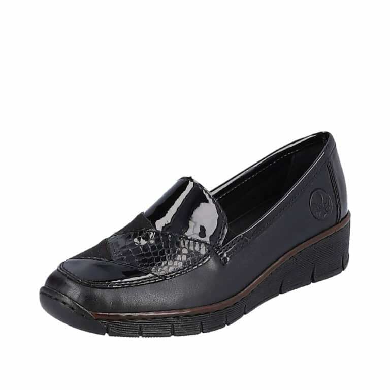 Sorte Rieker loafers til dame med flotte lak detaljer