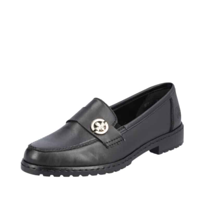 Rieker loafers til dame i sort skind med guld detaljer