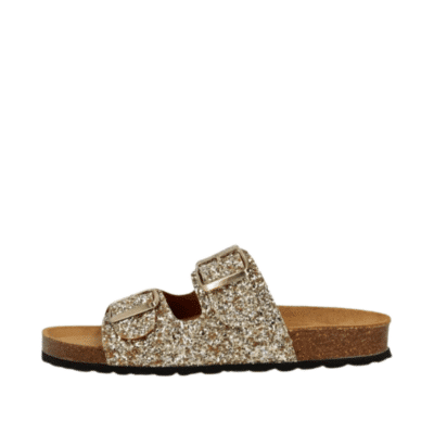 Shoedesign Copenhagen sandal i guld glimmer med justerbare spænder.
