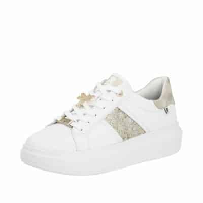 Rieker Revolution sneakers til dame i hvid med fine gulddetaljer og udtagelig stødabsorberende sål.