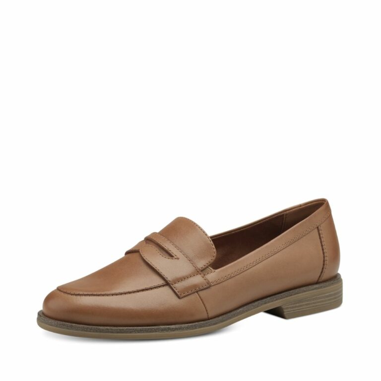 Tamaris loafers til dame i cognac, med fin detalje foran.