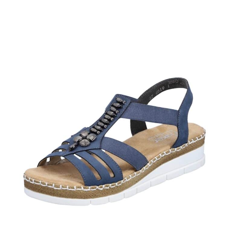 Rieker sandal i blå til dame med elastik og kilehæl