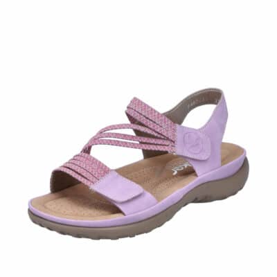 Rieker sandal til dame i lilla med fin pink elastik over foden. Stødabsorberende og fleksibel.