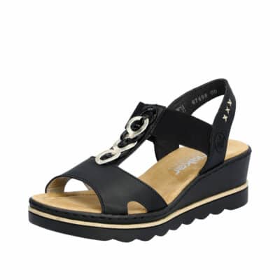 Rieker sandal til dame i sort med flotte detaljer og en hæl på 5 cm