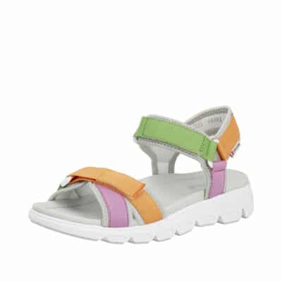 Rieker Revolution sandal til dame i en flot farvekombination af hvid, lille, grøn og orange