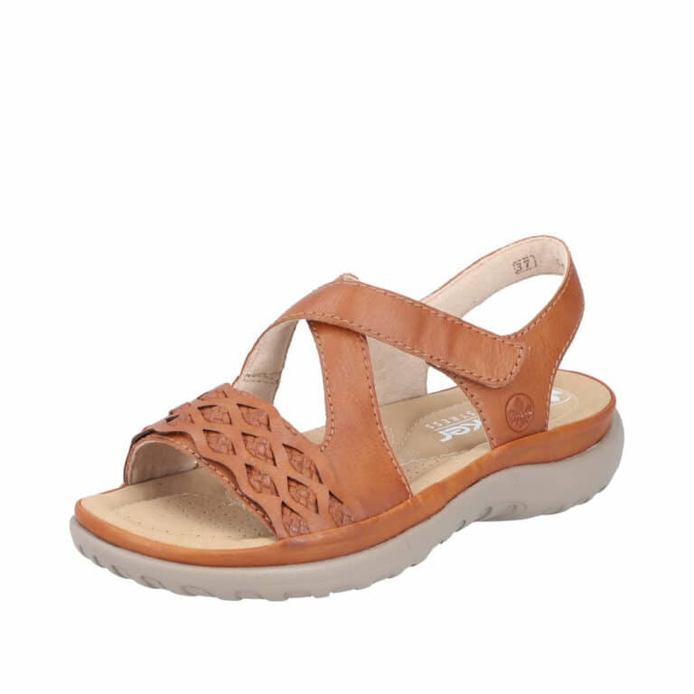 Rieker sandaler i brun til dame med fletdetaljer og velcro-lukning i bløde materialer. Model: 64878-24