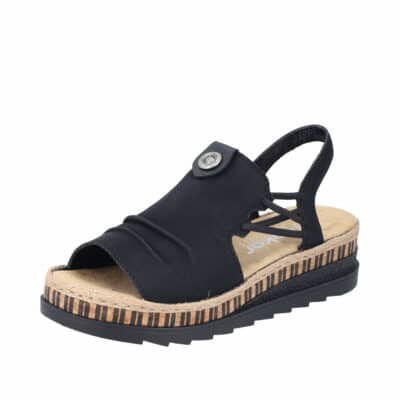 Rieker sandaler i sort til dame på en fin 5 cm. kilehæl i bløde og lette materialer. Model: V7972-00