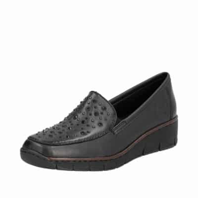 Rieker sko til dame i sort. Bløde lædersåler og stødabsorberende bund. Model: 53752-00