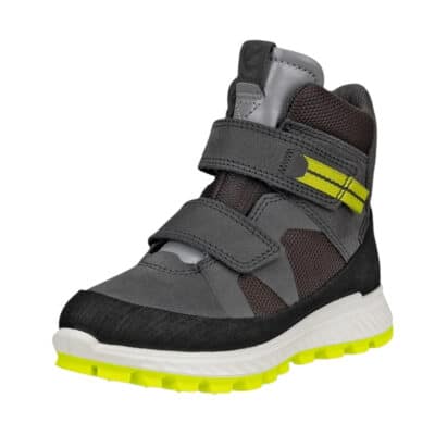 Ecco Exostrike vinterstøvle til børn i grå med skinddetaljer og velcroremme samt Gore-Tex og varm foring