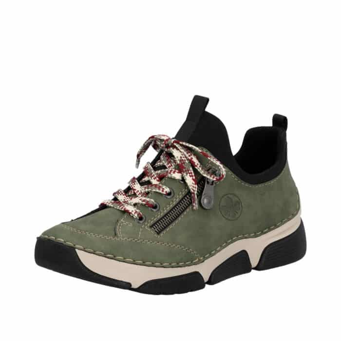 Rieker sneakers til dame i grøn med snørebånd og pynte lynlås samt stødabsorberende såler