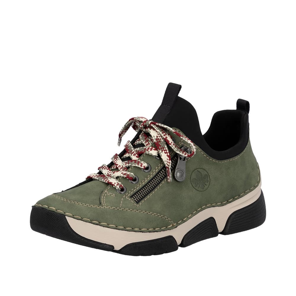 Rieker sneakers til dame i grøn med snørebånd og pynte lynlås samt stødabsorberende såler
