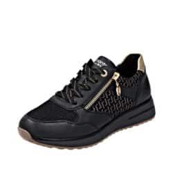 Remonte sneakers til dame i sort med guld detaljer, skoen har snørebånd og en funktionel lynlås samt remonte-soft indersål