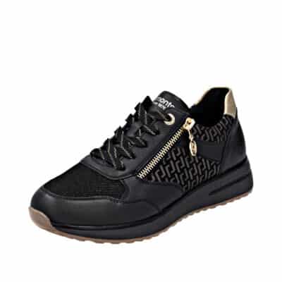 Remonte sneakers til dame i sort med guld detaljer, skoen har snørebånd og en funktionel lynlås samt remonte-soft indersål