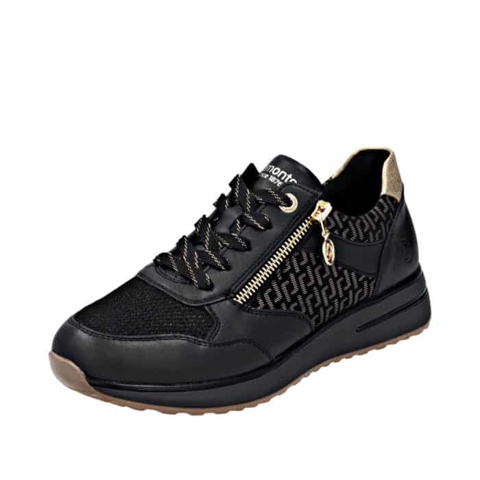 Remonte sneakers til dame i sort med guld detaljer, skoen har snørebånd og en funktionel lynlås samt remonte-soft indersål