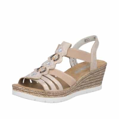 Rieker sandal til dame i rosa med elastik og stødabsorberende kilehæl på ca. 6 cm