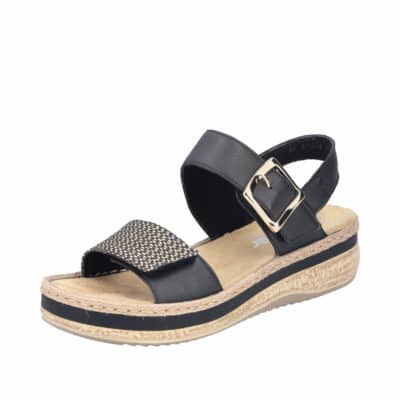 Rieker sandal til dame i sort med velcro remme og kilehæl.