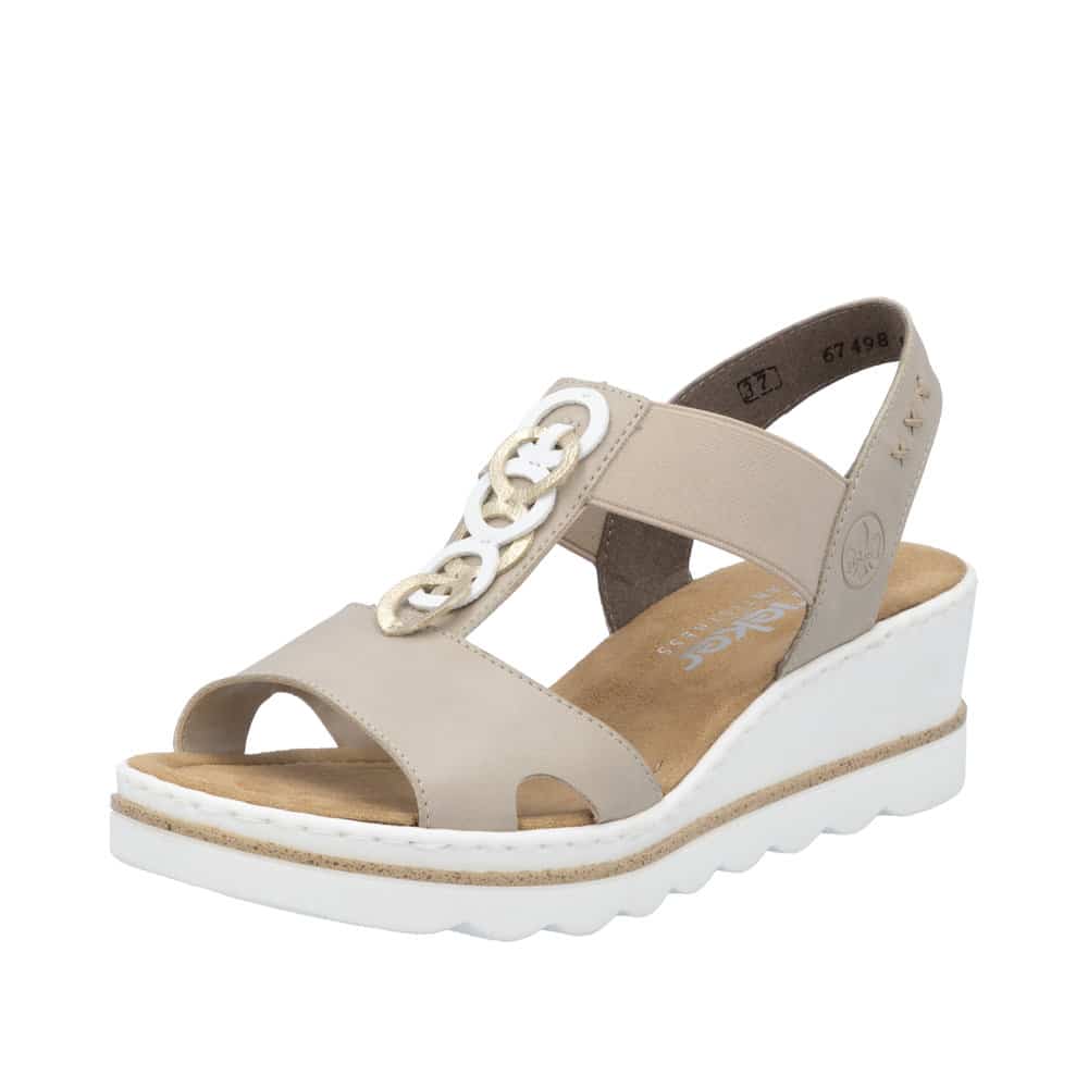 Rieker sandal til dame i beige med kilehæl på en plateausål og elastik