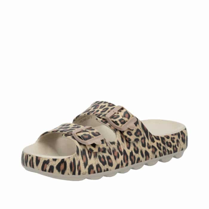 Rieker sandal til dame i leopard med fleksibel sål og justerbare spænder.