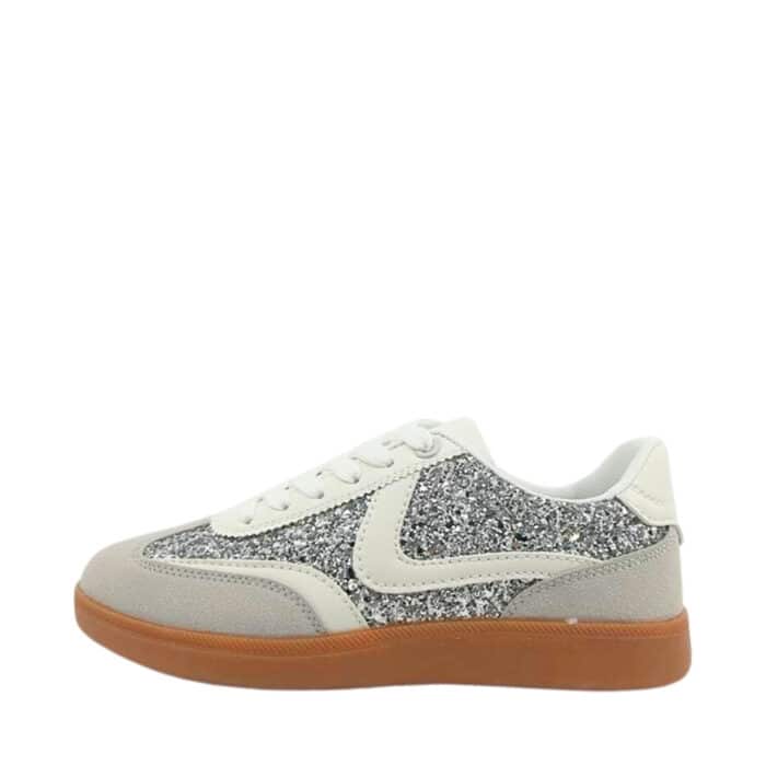 Rugged Gear Retro Indoor sneakers til dame i hvid og grå med glimmer og snørebånd