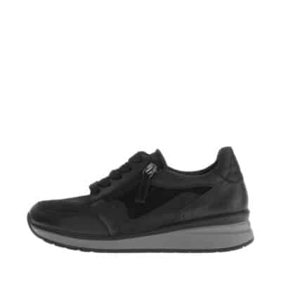 Gabor sneakers til dame i sort skind med lynlås og snørebånd samt udtagelig skind sål med ekstra bredde K