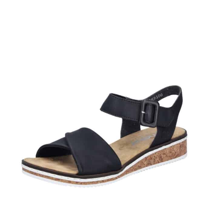 Rieker sandal til dame i sort med kilehæl og velcrorem