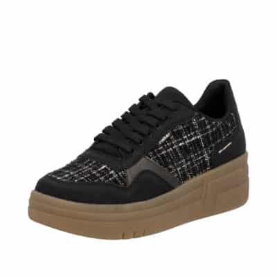 Rieker sneakers til dame i sort med snørebånd og udtagelig sål samt ydersål på ca 5 cm.