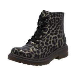 Rieker støvle til dame i leopard med snørebånd og lynlås samt let foring