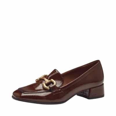 Tamaris loafers til dame i brun lak med kæde detalje og indersål af skind samt blokhæl på 4 cm