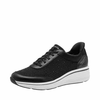 Tamaris sneakers til dame i sort med glimmer og perler og fast hælkappe samt svangstøtte.