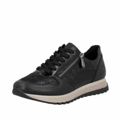 Rieker sneakers til dame i sort med snørebånd og funktionel lynlås samt ekstra bredde (H) og skindsål