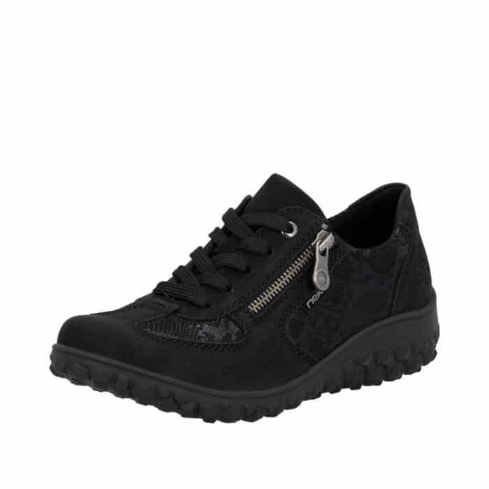 Rieker sneakers til dame i sort med funktionel lynlås og snøre samt udtagelig indersål med ekstra bredde H