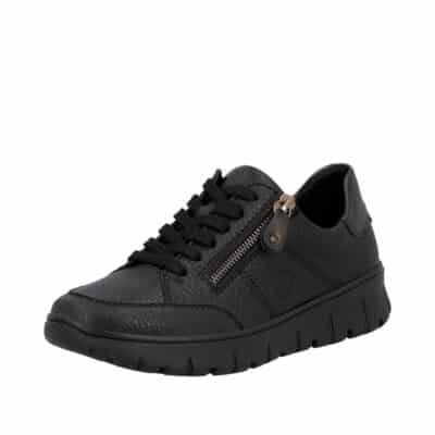 Rieker sneakers til dame i sort skind med snørebånd og funktionel lynlås samt udtagelig sål med ekstra bredde H