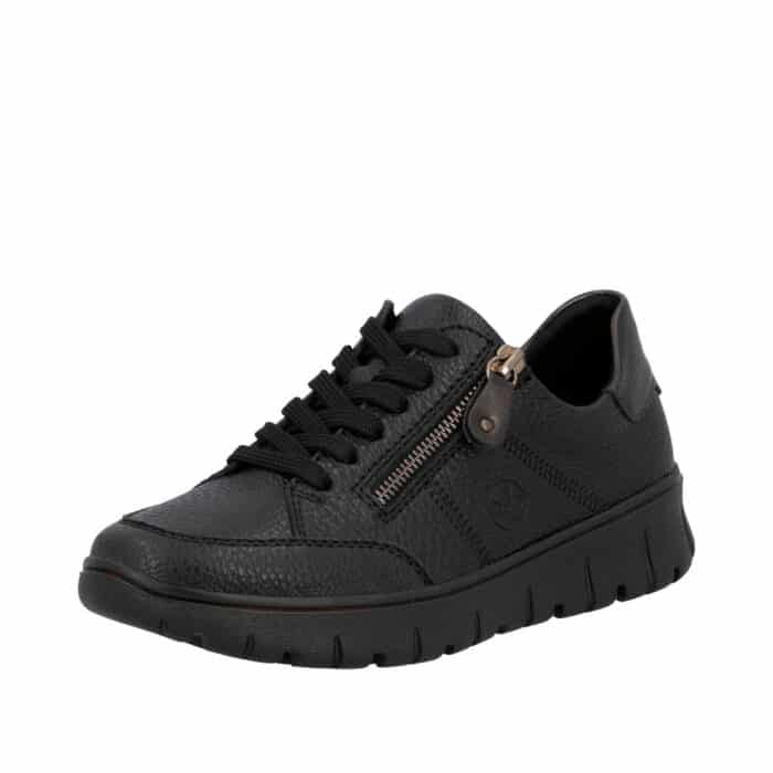 Rieker sneakers til dame i sort skind med snørebånd og funktionel lynlås samt udtagelig sål med ekstra bredde H