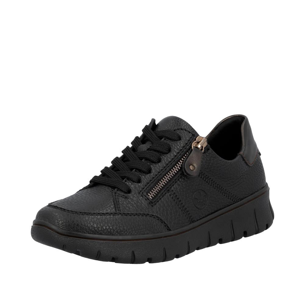 Rieker sneakers til dame i sort skind med snørebånd og funktionel lynlås samt udtagelig sål med ekstra bredde H