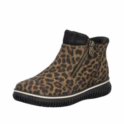 Rieker Ready 2 Go støvle til dame i leopard med fast hælkappe og Rieker-Tex samt udtagelig indersål