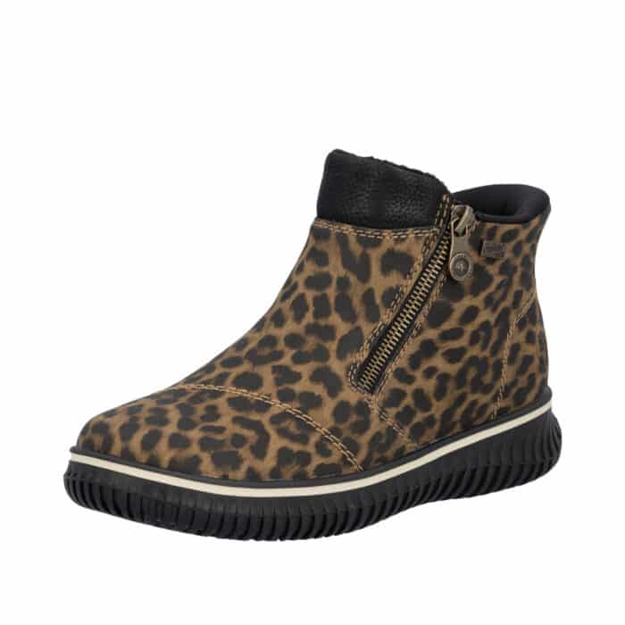 Rieker Ready 2 Go støvle til dame i leopard med fast hælkappe og Rieker-Tex samt udtagelig indersål