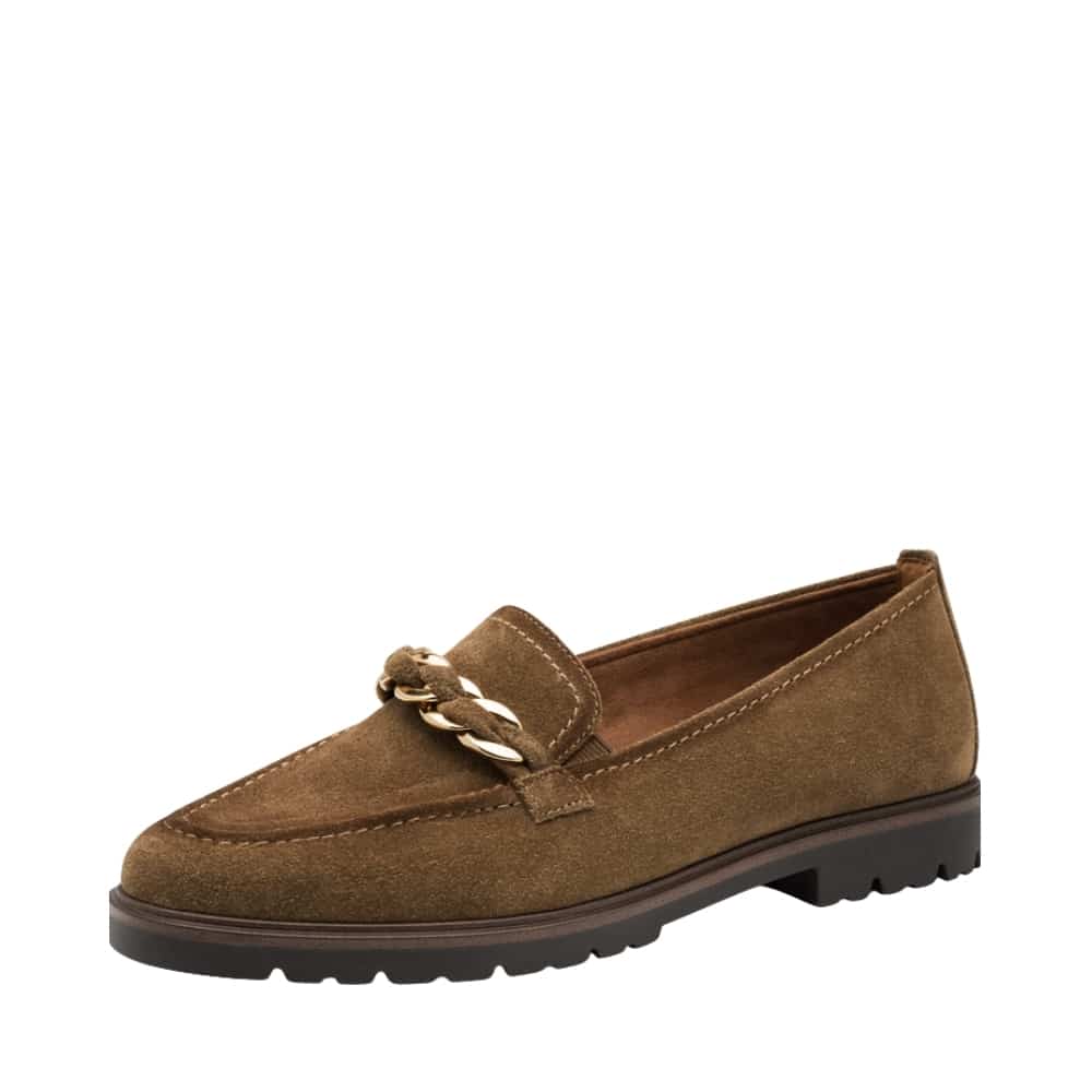 Tamaris loafers til dame i brunt ruskind med gylden detalje og blød indersål med Touch-It for øget komfort.