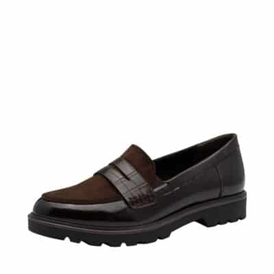 Tamaris loafers til dame i mørkebrun lak med elastik og Touch-It indersål for optimal komfort.