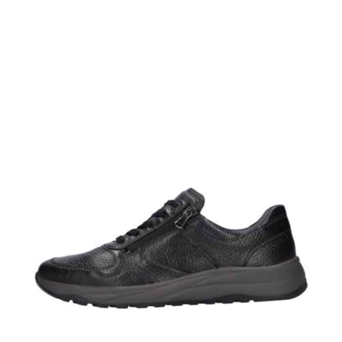 Waldläufer sneakers til dame i sort skind med snørebånd og to lynlåse samt skindsål