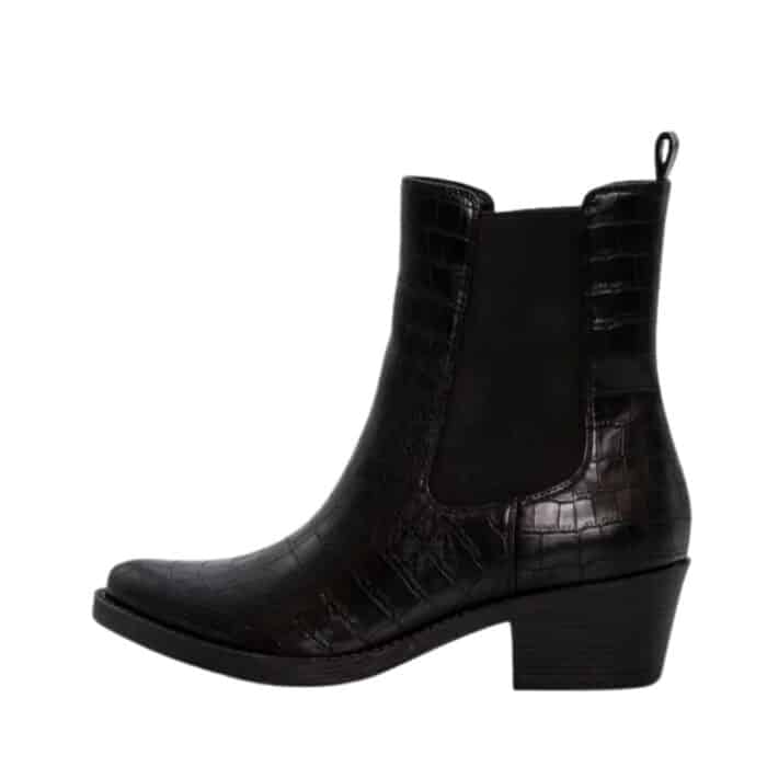 Duffy Messina Nove chelseastøvle til dame i sort med elastik på begge sider og en blokhæl på 5 cm samt en spids snude