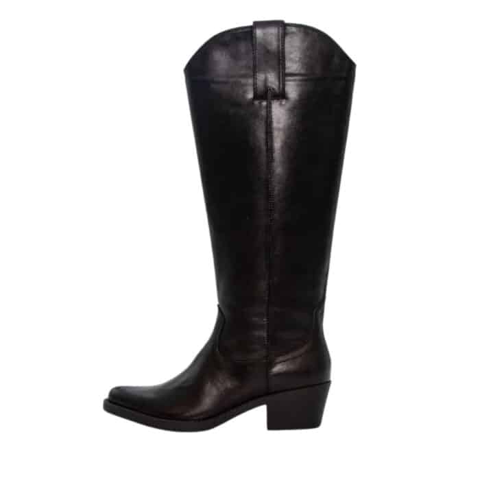 Duffy Messina Otto lang støvle til dame i sort med en spids snude samt en blokhæl på 5 cm og en funktionel lynlås