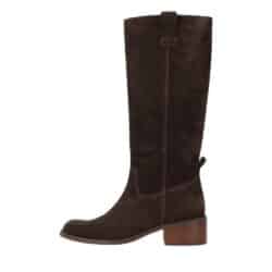 Phenumb Copenhagen Martina S lang støvle til dame i mørkebrunt ruskind med blokhæl på 5 cm.