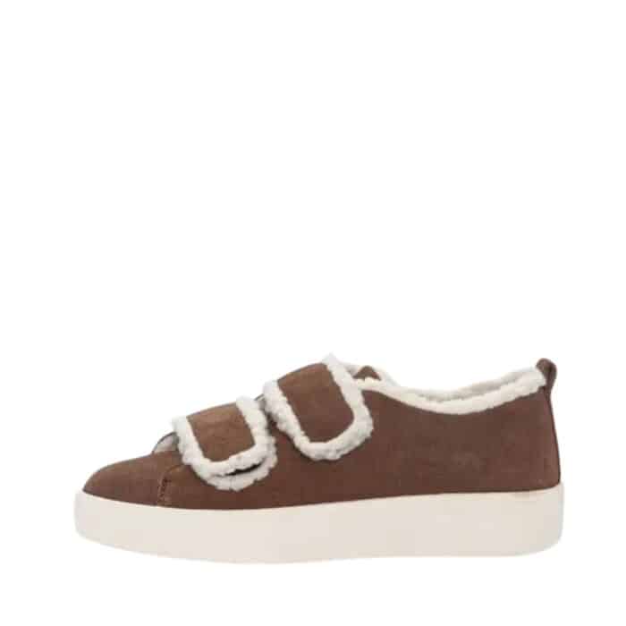 Duffy Leuca Uno sneakers til dame i beige med en overdel i ruskind samt velcroremme og plateausål på 3 cm