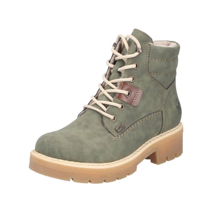 Rieker vinterstøvle til dame i grøn med Rieker-Tex og udtagelig indersål samt blokhæl på 4,5 cm.