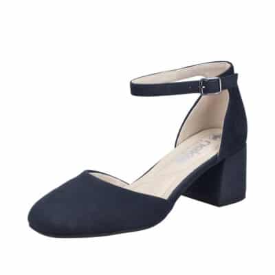 Rieker pumps til dame i mørkeblå med justerbar spænde og blokhæl på ca. 5,5 cm og stødabsorbering